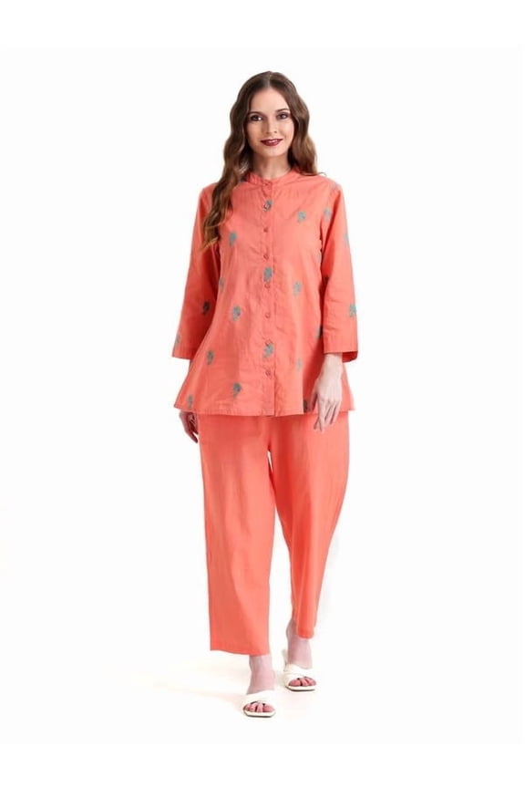 Women's Orange Embroidered Top and Pant Set Size M Soft Comfortable Fabric Elegant Ethnic Traditional Festive Designer Outfit