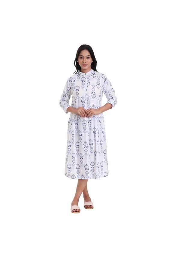 Women White Cotton Printed Front Open Dress Trendy Ethnic Casual Wear Comfortable Daily Outfit