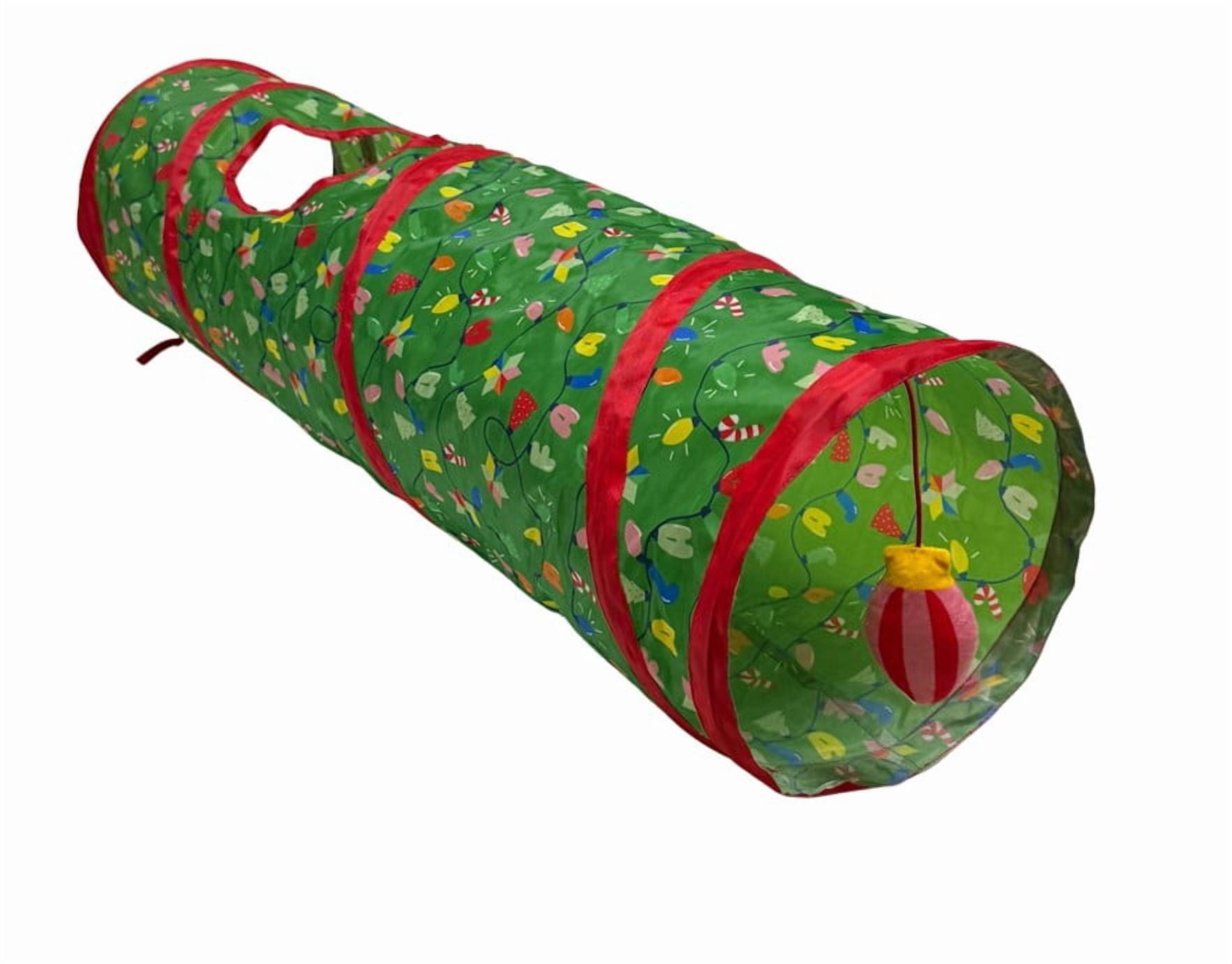 Vibrant Life Holiday Fa La La Cat Tunnel with Ball Toy, Green, 34" x 10"