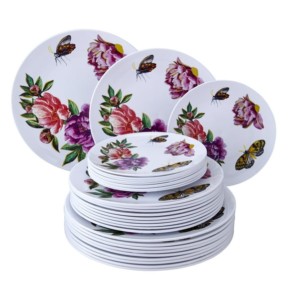 VIBRANT SPRING DESIGN BUTTERFLY PLATES | 30 PC Plastic Plate Set for Wedding Reception | Monarch Collection