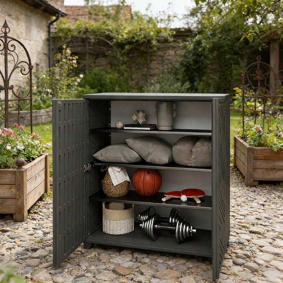HEASOME 10 Cu.Ft Outdoor Storage Cabinet With 1 Shelf Black Waterproof UV Resistant For Patio Poolside And Indoor Use