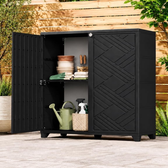 HEASOME 10 Cu.Ft Outdoor Storage Cabinet With 1 Shelf Black Waterproof UV Resistant For Patio Poolside And Indoor Use