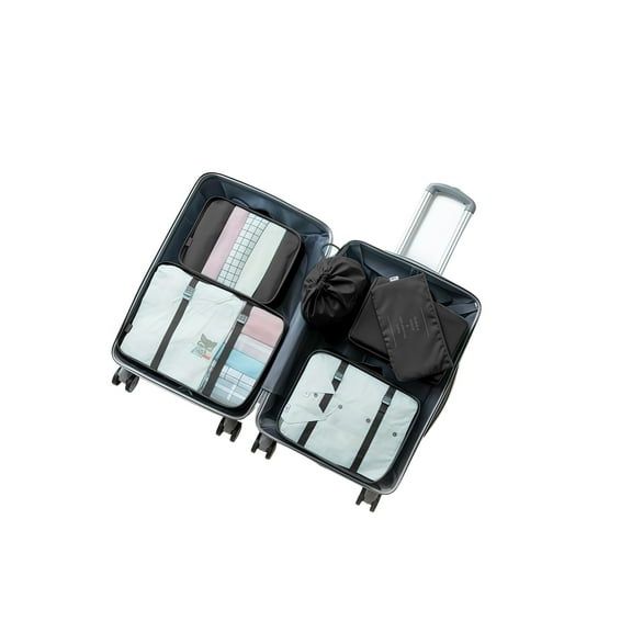 VICHVVY 7-Piece Polyester Packing Organizer Set with Hanging Toiletry & Makeup Bags, Black