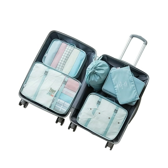 VICHVVY 7-Piece Travel Packing Cube Set with Hanging Toiletry & Makeup Bags – Portable Luggage Organizer for Women or Men blue