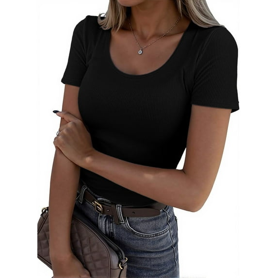 VICHVVY Summer Women's Scoop Neck Short Sleeve Shirts Ribbed Slim Fitted Casual Basic Top Blouses S-XL