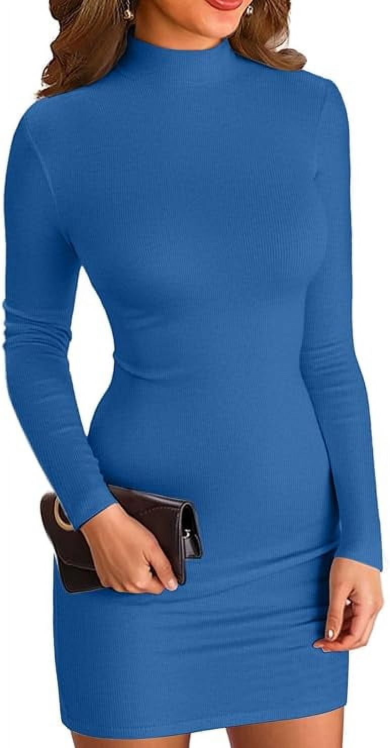 VICHVVY Women's Long Sleeve Dress Mock Neck Basic Ribbed Slim Fit Bodycon Mini Pencil Dresses Blue M