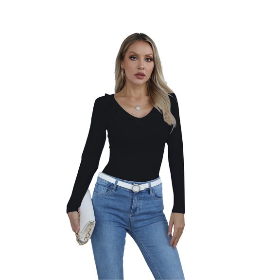 VICHVVY Womens Long Sleeve Shirts V Neck Ruffle Hem Slim Fitted Ribbed Knit Trendy Tee Tight Tops Black XL