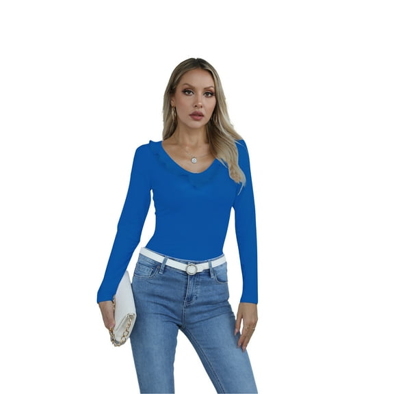 VICHVVY Womens Long Sleeve Shirts V Neck Ruffle Hem Slim Fitted Ribbed Knit Trendy Tee Tight Tops Blue S