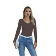 thumbnail image 1 of VICHVVY Womens Long Sleeve Shirts V Neck Ruffle Hem Slim Fitted Ribbed Knit Trendy Tee Tight Tops Khaki L, 1 of 9