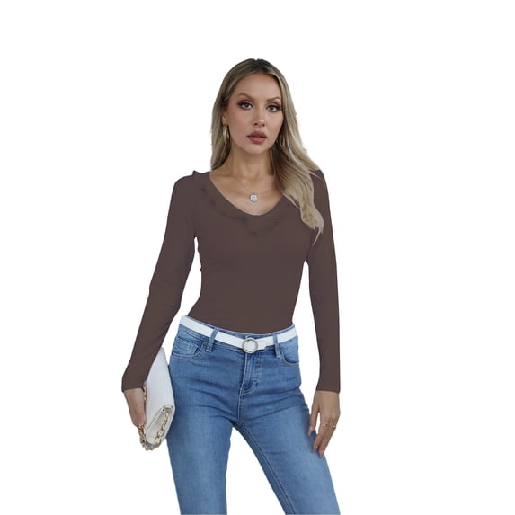 VICHVVY Womens Long Sleeve Shirts V Neck Ruffle Hem Slim Fitted Ribbed Knit Trendy Tee Tight Tops Khaki L