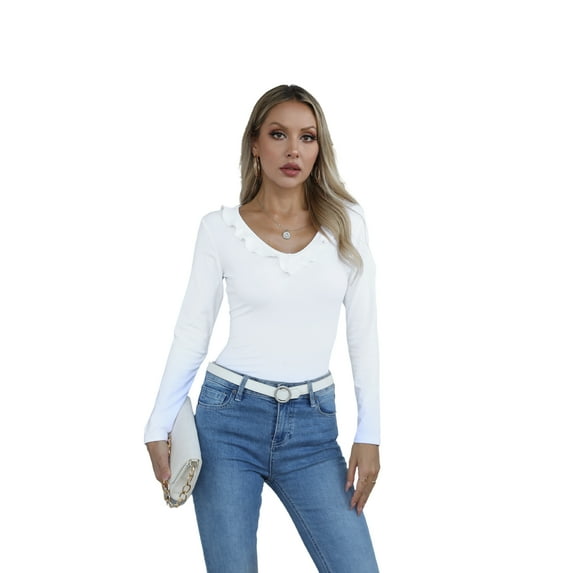 VICHVVY Womens Long Sleeve Shirts V Neck Ruffle Hem Slim Fitted Ribbed Knit Trendy Tee Tight Tops White S