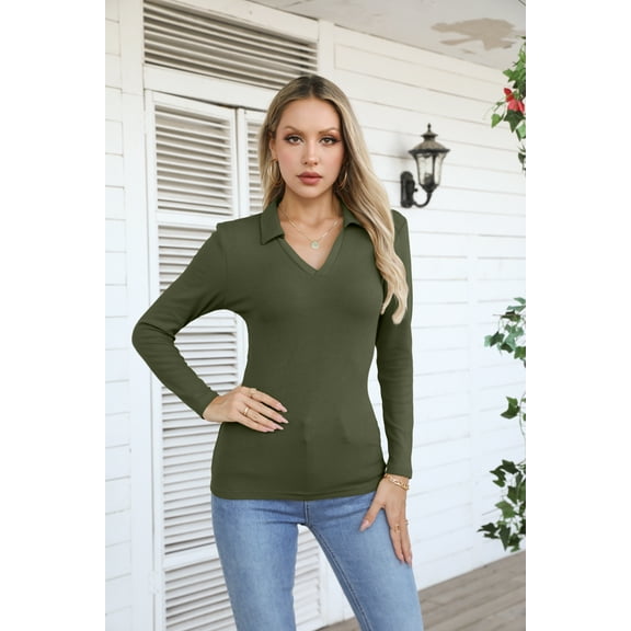 VICHVVY Womens Long Sleeve Shirts Lapel V Neck Slim Fitted Ribbed Knit Trendy Tight Polo Tops Arm Green XL