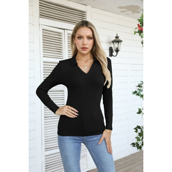 VICHVVY Womens Long Sleeve Shirts Lapel V Neck Slim Fitted Ribbed Knit Trendy Tight Polo Tops Black S