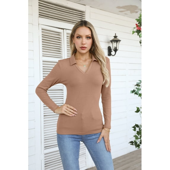 VICHVVY Womens Long Sleeve Shirts Lapel V Neck Slim Fitted Ribbed Knit Trendy Tight Polo Tops Khaki M