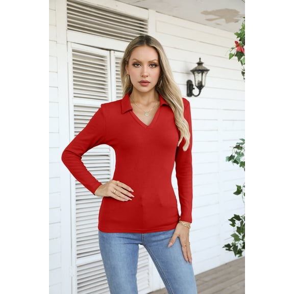 VICHVVY Womens Long Sleeve Shirts Lapel V Neck Slim Fitted Ribbed Knit Trendy Tight Polo Tops Red XL