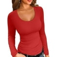 thumbnail image 1 of VICHVVY Women's Scoop Neck Long sleeve Shirts Ribbed Slim Fitted Casual Basic Top Blouses Fall Winter Red S, 1 of 6