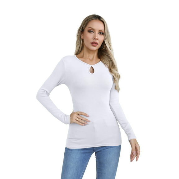 VICHVVY Womens Long Sleeve Shirts Cutout Neck Keyhole Slim Fitted Ribbed Knit Trendy Tight Tops White S
