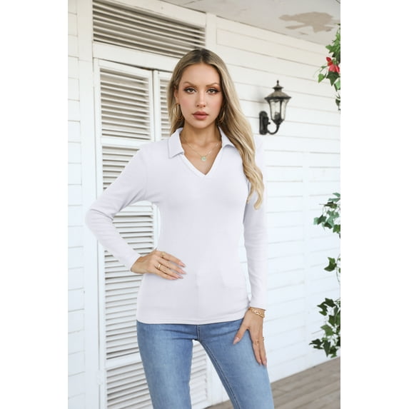 VICHVVY Womens Long Sleeve Shirts Lapel V Neck Slim Fitted Ribbed Knit Trendy Tight Polo Tops WHite S