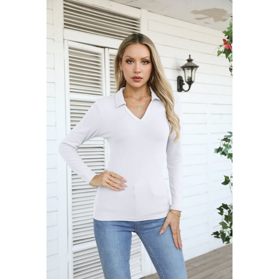 VICHVVY Womens Long Sleeve Shirts Lapel V Neck Slim Fitted Ribbed Knit Trendy Tight Polo Tops WHite S
