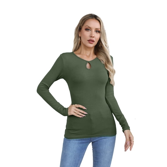 VICHVVY Womens Long Sleeve Shirts Cutout Neck Keyhole Slim Fitted Ribbed Knit Trendy Tight Tops Arm Green XL
