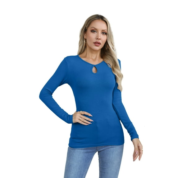 VICHVVY Womens Long Sleeve Shirts Cutout Neck Keyhole Slim Fitted Ribbed Knit Trendy Tight Tops Blue XL