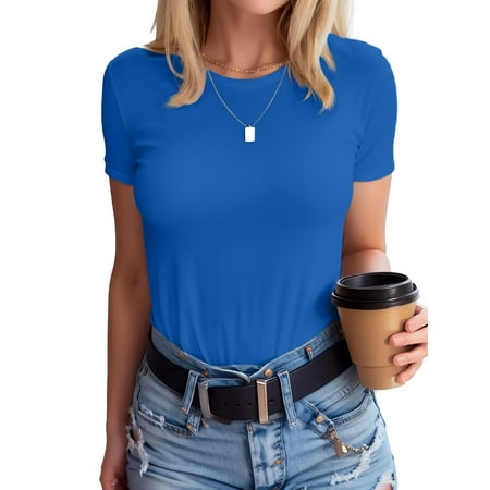 VICHVVY Womens Round Neck Short Sleeve Shirts Ribbed Casual Slim Fitted Tops Blouses
