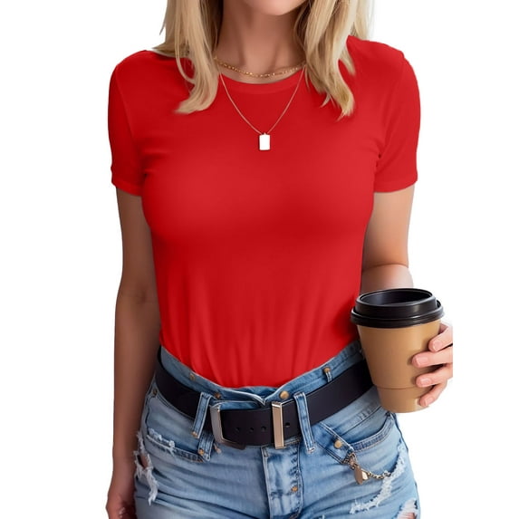 VICHVVY Womens Round Neck Short Sleeve Shirts Ribbed Casual Slim Fitted Tops Blouses