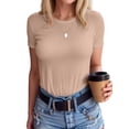 thumbnail image 1 of VICHVVY Womens Round Neck Short Sleeve Shirts Ribbed Casual Slim Fitted Tops Blouses, 1 of 8