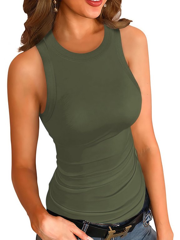 Womens Tank Tops High Neck Summer Tanks Cami Sleeveless Tops Basic Shirt Ribbed Racerback Blouses Army green Extra large