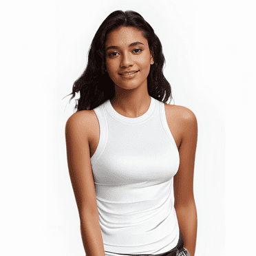 VICHVVY Womens Tank Tops High Neck Summer Tanks Cami Sleeveless Tops Basic Shirt Ribbed Racerback Blouses White Middle