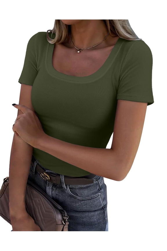 Womens Tops T-Shirts Short Sleeve Fashion Summer Fall Clothes One Piece Tops Ribbed Slim Fitted Shirts Tee Tshirts S-XL