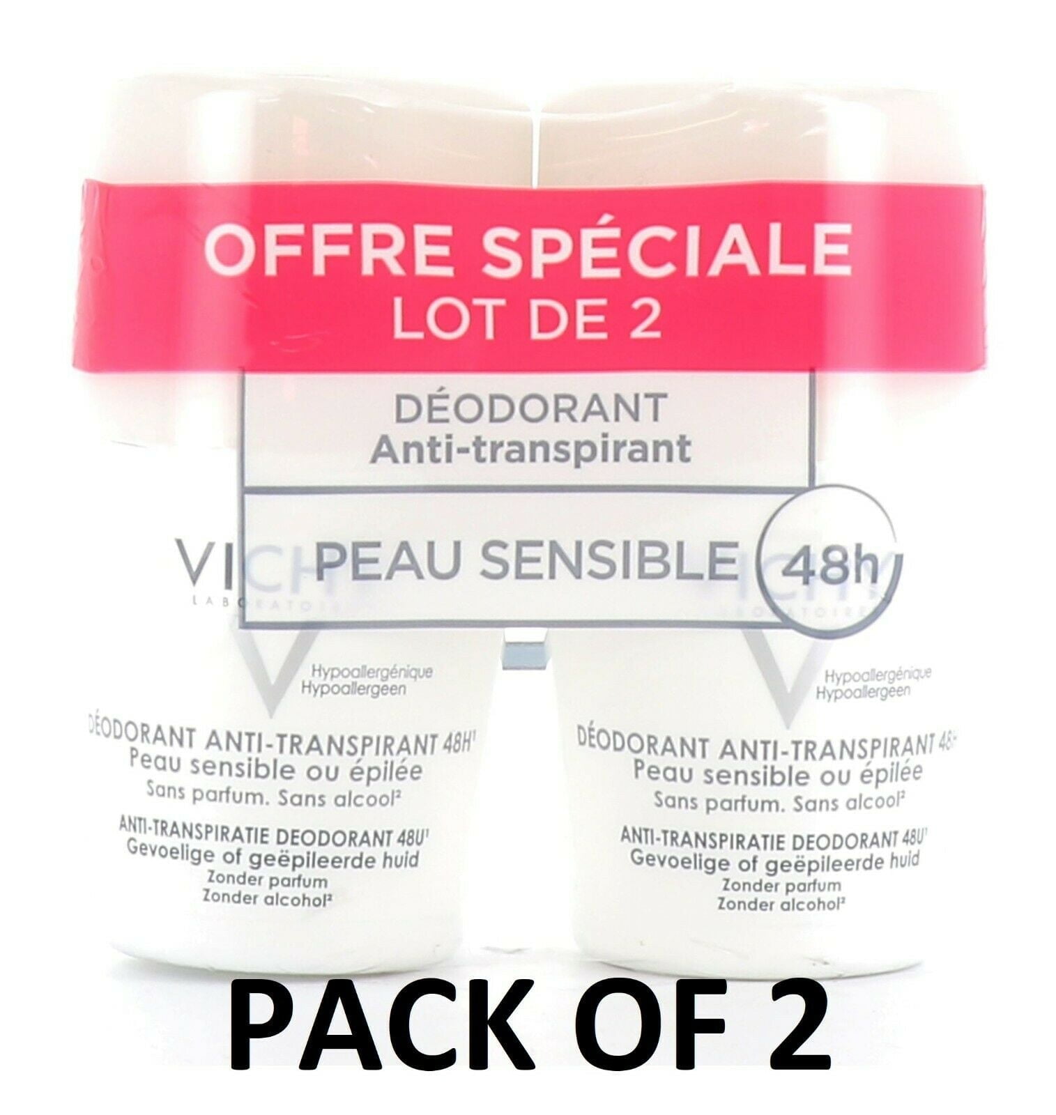 VICHY 48hr Anti-Perspirant Sensitive Skin ROLL-ON DEODORANT 2 x 50ml