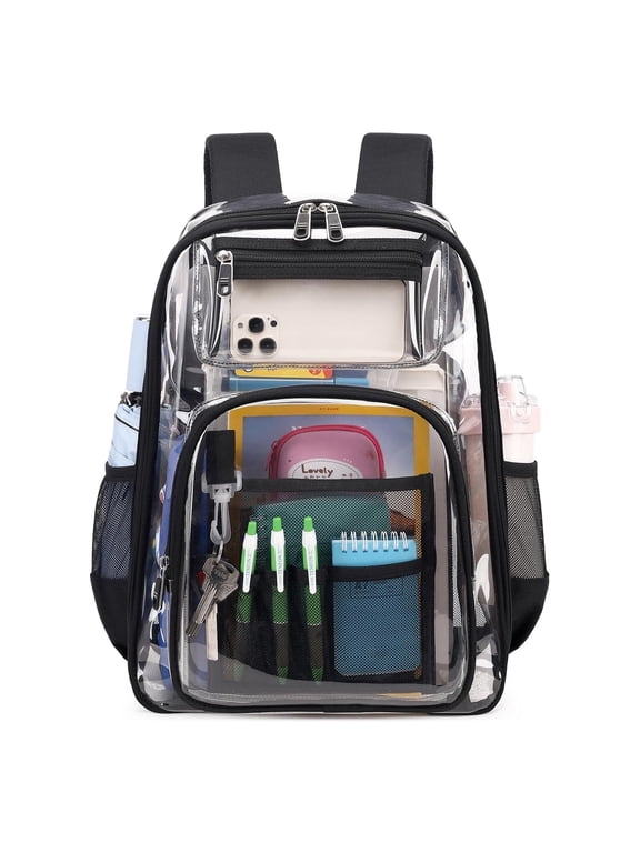 Clear Backpack for School Stadium Heavy Duty PVC Transparent Extra Large Capacity School Bag Travel Work Unisex 17'' Black