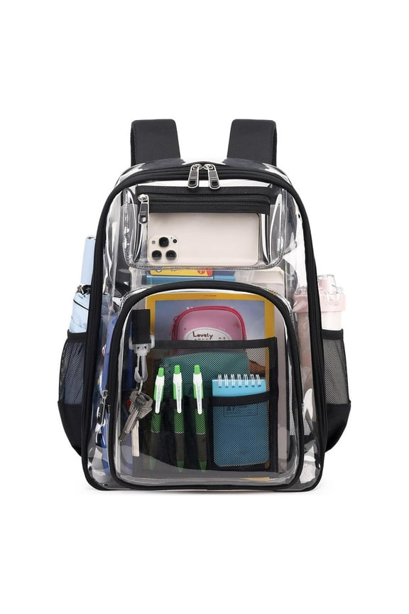 Clear Backpack for School Stadium Heavy Duty PVC Transparent Extra Large Capacity School Bag Travel Work Unisex 17'' Black
