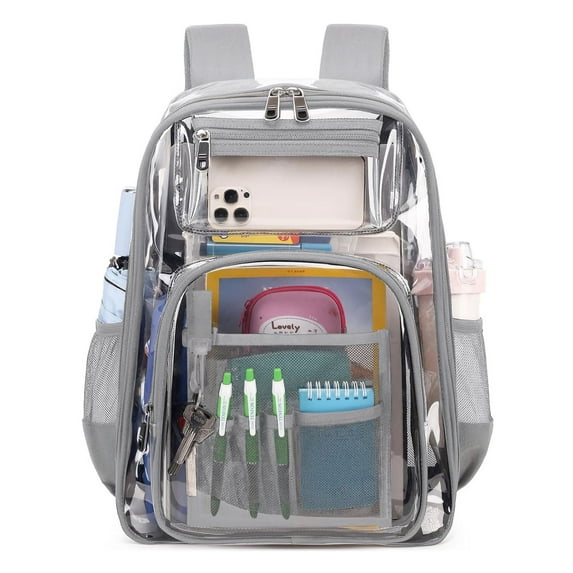 Vafful Clear Backpack for School Stadium Heavy Duty PVC Transparent Extra Large Capacity School Bag Travel Work Unisex 17'' Gray