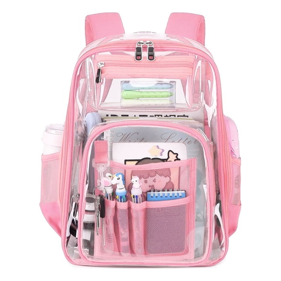 Vafful Clear Backpack for School Stadium Heavy Duty PVC Transparent Extra Large Capacity School Bag Travel Work Unisex 17'' Pink