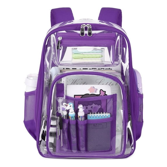 Vafful Clear Backpack for School Stadium Heavy Duty PVC Transparent Extra Large Capacity School Bag Travel Work Unisex 17'' Purple