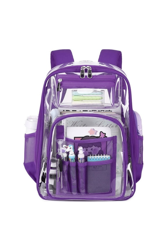 Clear Backpack for School Stadium Heavy Duty PVC Transparent Extra Large Capacity School Bag Travel Work Unisex 17'' Purple