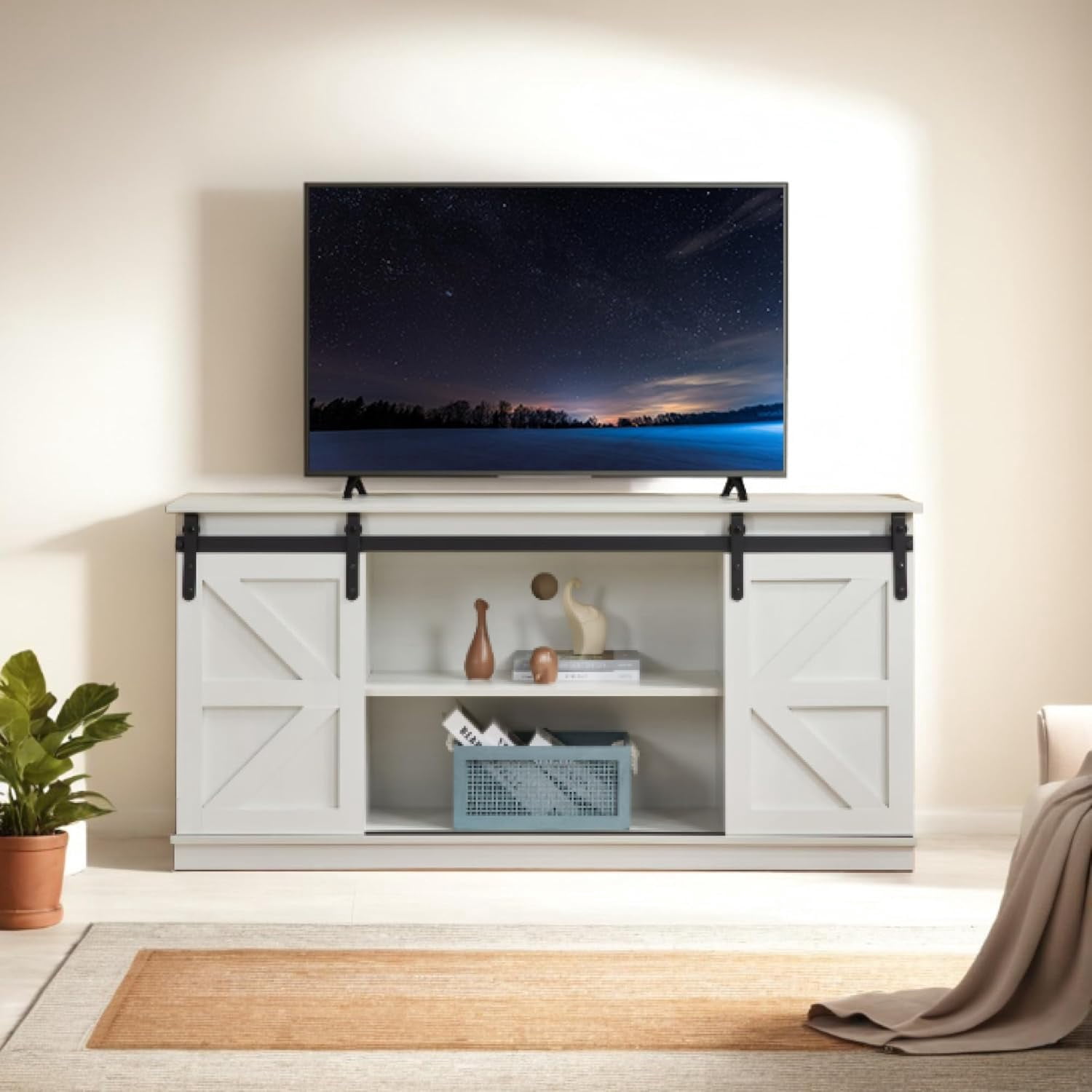 GRUSIGN 65" Modern Farmhouse TV Stand With Sliding Barn Doors & Storage - White Entertainment Center
