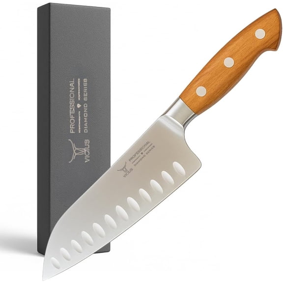 VICIUS 7-Inch German Stainless Santoku Knife German 1.4116 Steel Blade, Red Wood Handle, Premium Gift Box Professional Kitchen Knife for Slicing, Dicing, and Chopping