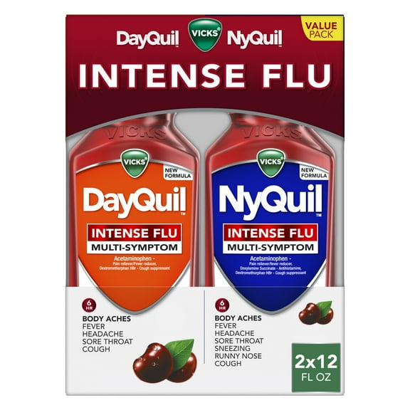 Vicks DayQuil & NyQuil Intense Flu Liquid, Value Pack, Multi-Symptom, 6 Hour Relief, Cherry Flavor, 2x12 fl oz