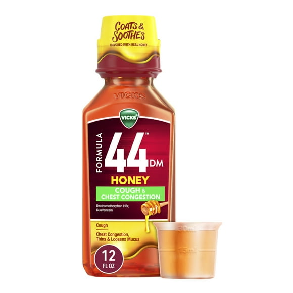 Vicks Formula 44 DM Cough & Congestion Liquid, Over-the-Counter Medicine, Day or Night, Cough Syrup, Powerful Cough and Congestion Relief, Cough Suppressant and Expectorant, Honey Flavor, 12 fl oz