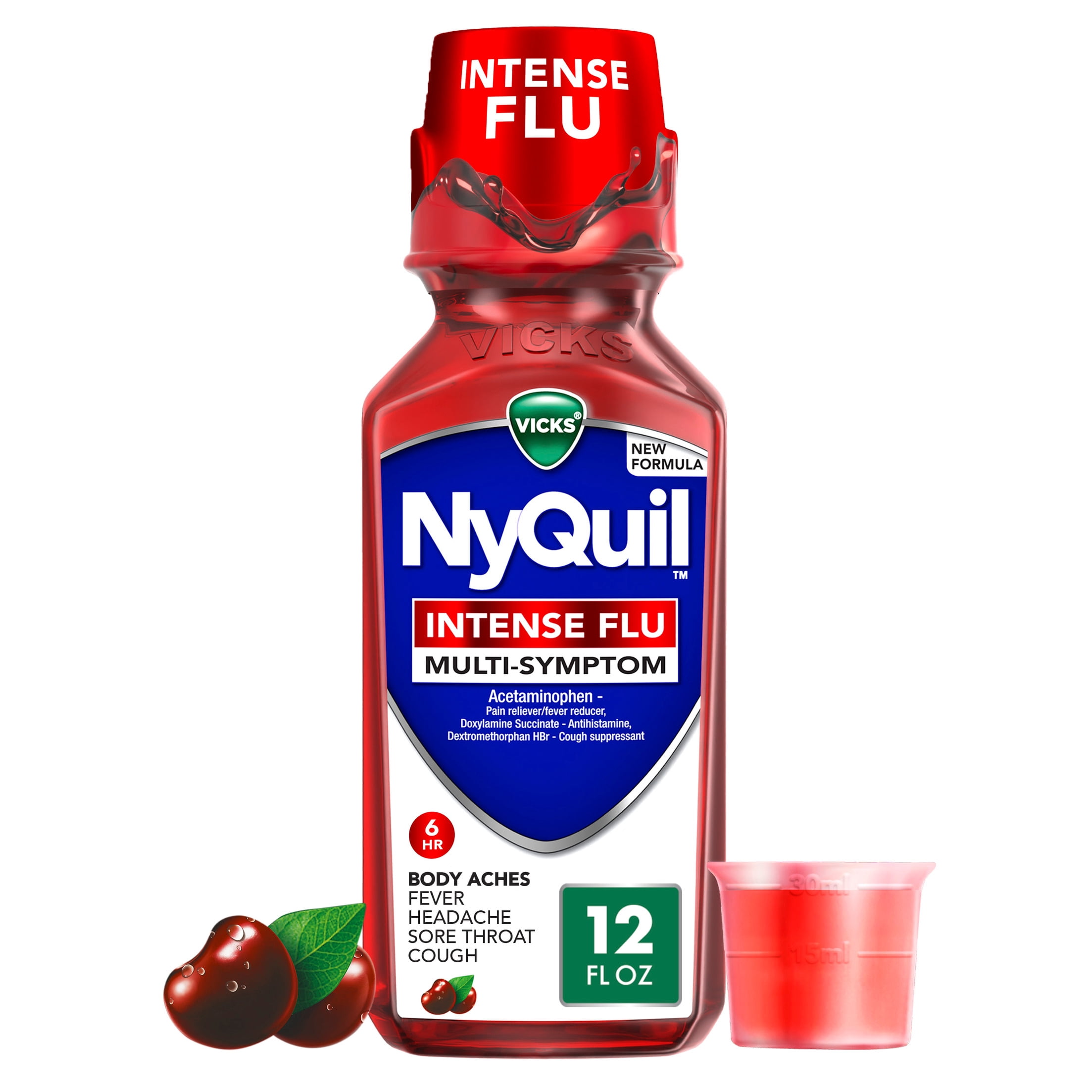 Vicks NyQuil Intense Flu Liquid, Nighttime Flu Medicine for Adults, Cherry, 12 fl oz