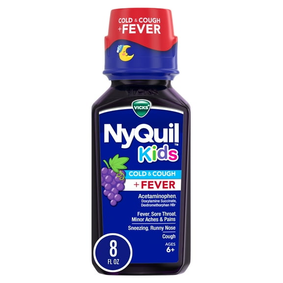 Vicks NyQuil Kids Grape Cold & Cough + Fever Multi-Symptom Relief Liquid, Ages 6+, Over-the-Counter Medicine, 8 oz