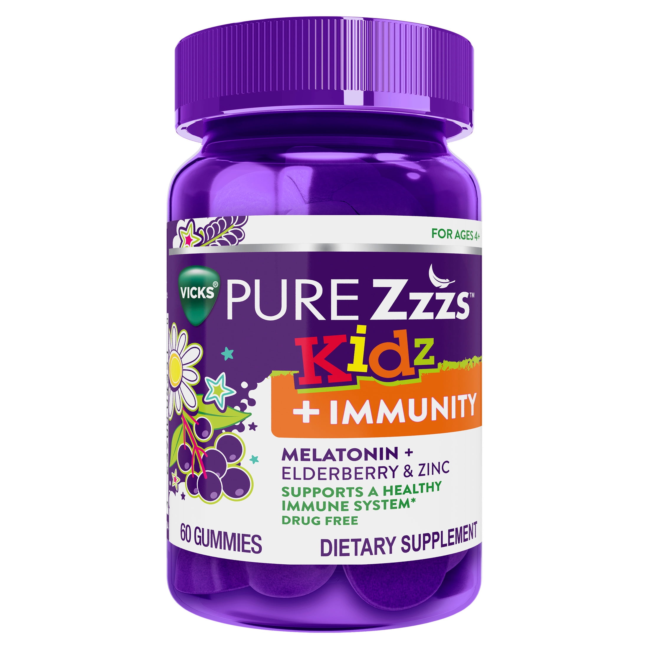 Vicks PURE Zzzs Kidz Immunity Gummies with Melatonin, Zinc, and