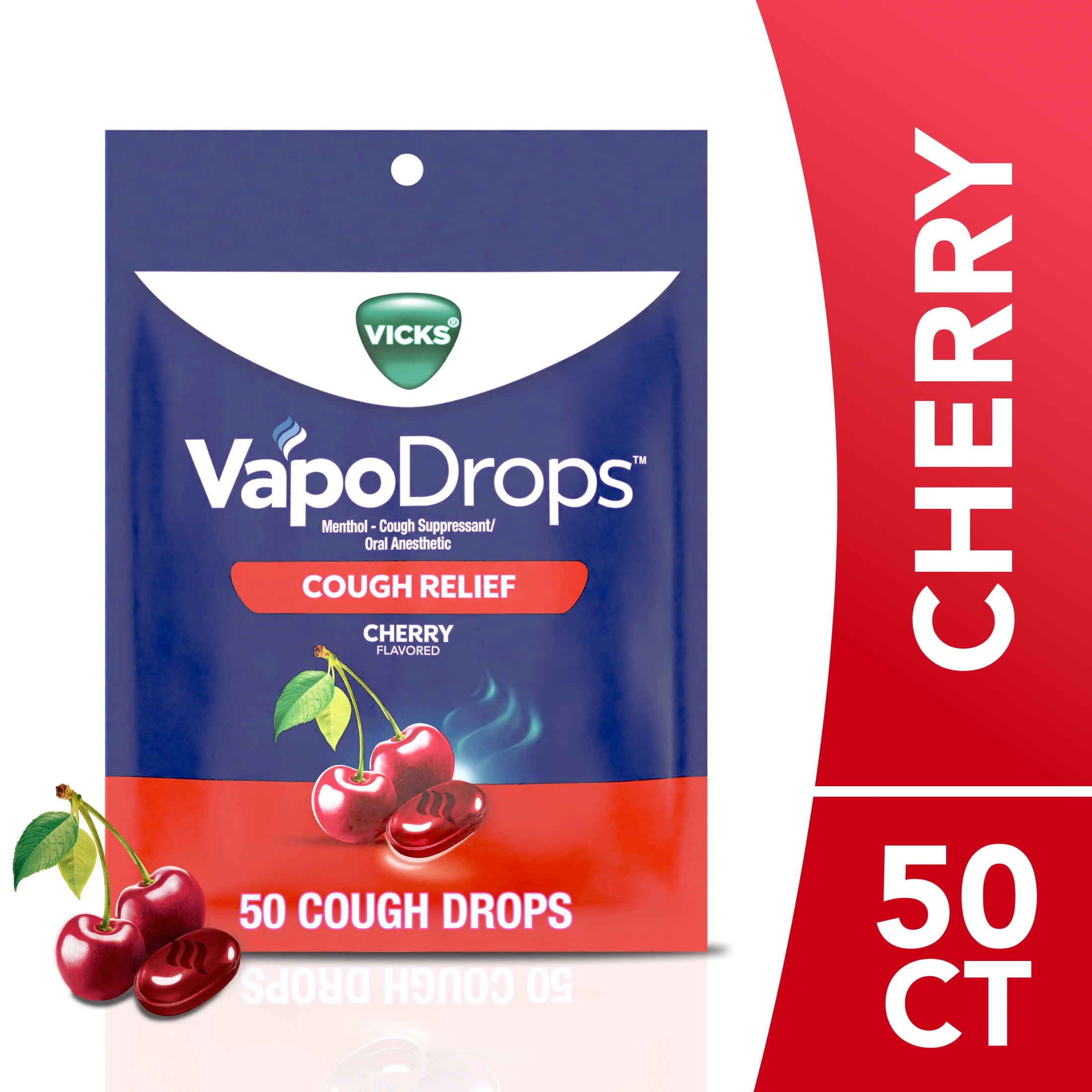 Vicks VapoDrops Cough Drops for Cough and Sore Throat Relief, Cherry, 50 count