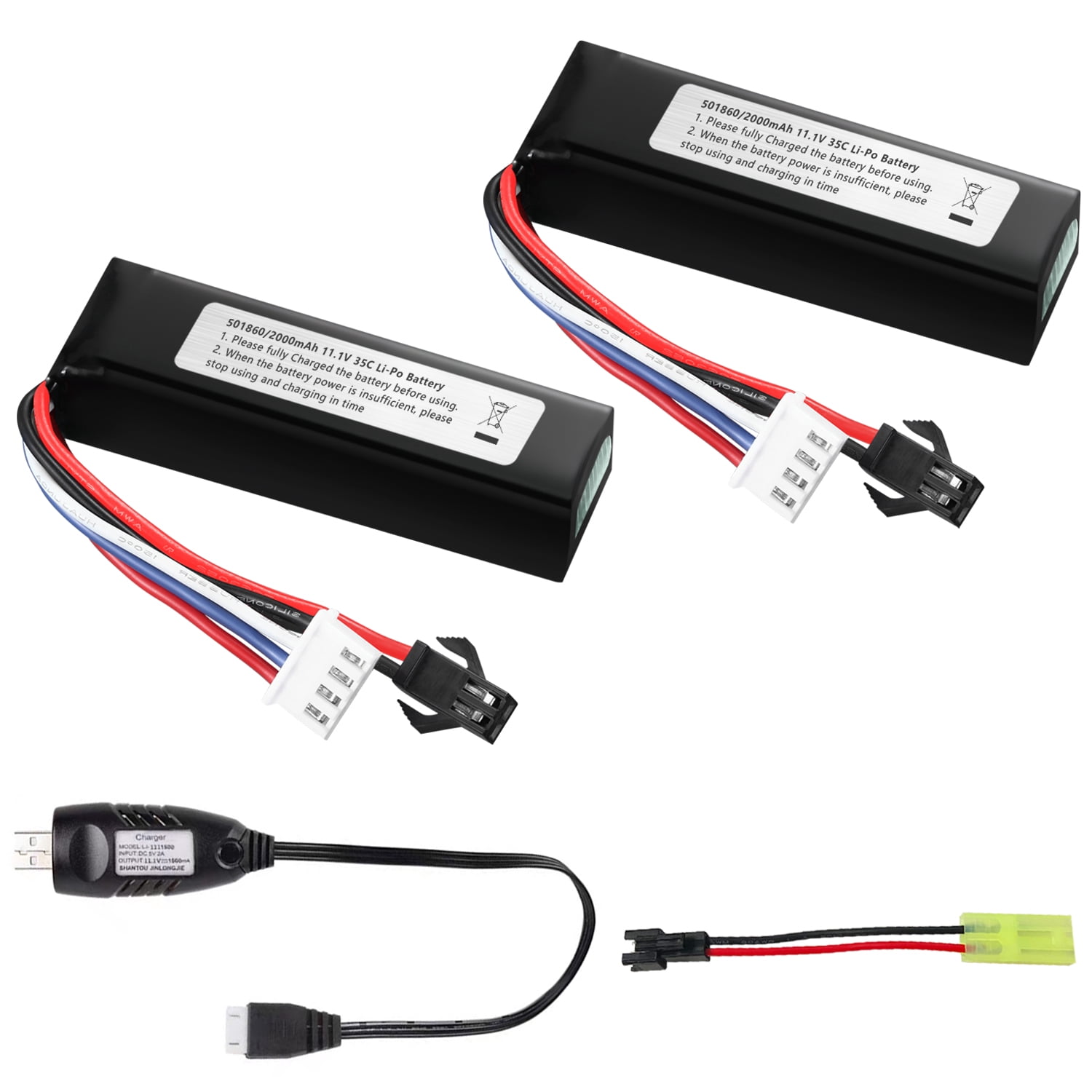 Pack de 2 Câble de charge USB 3,6 V 3,7 V pour batteries rechargeables LiPo SM-2 broches utilisées sur les jouets télécommandés, voitures, citernes, camions, trains, bateaux