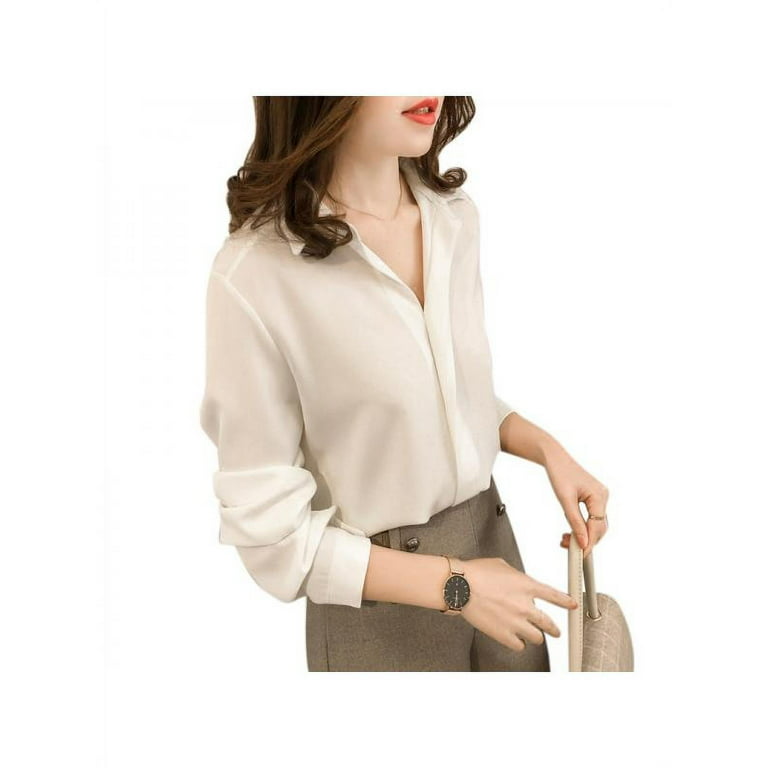 VICOODA Women Shirts Blouses Long Sleeve V Neck Turn-down Collar Chiffon OL  Office Style Blouse Tops