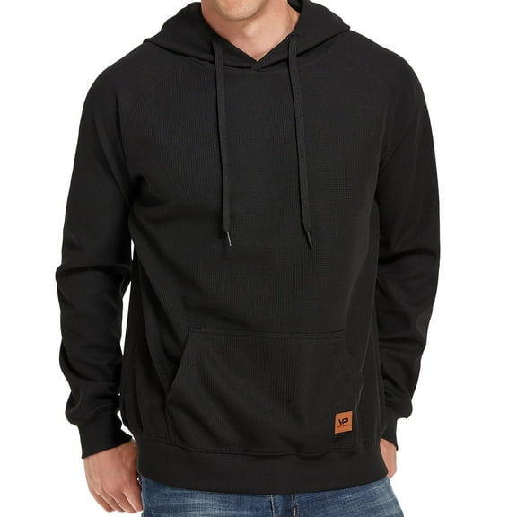 VICT POPU Men's Casual Hooded Pullover, Long-Sleeved Plaid Jacquard Large-Pocket hoodie, Solid Color Simple Hooded Sweatshirt，Black，M