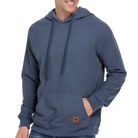 VICT POPU Men's Casual Hooded Pullover, Long-Sleeved Plaid Jacquard Large-Pocket hoodie, Solid Color Simple Hooded Sweatshirt,Dark Grey Blue,M